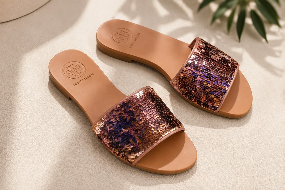 Tory Burch Slide Sandals Sequin Strap Tan Leather Footbed